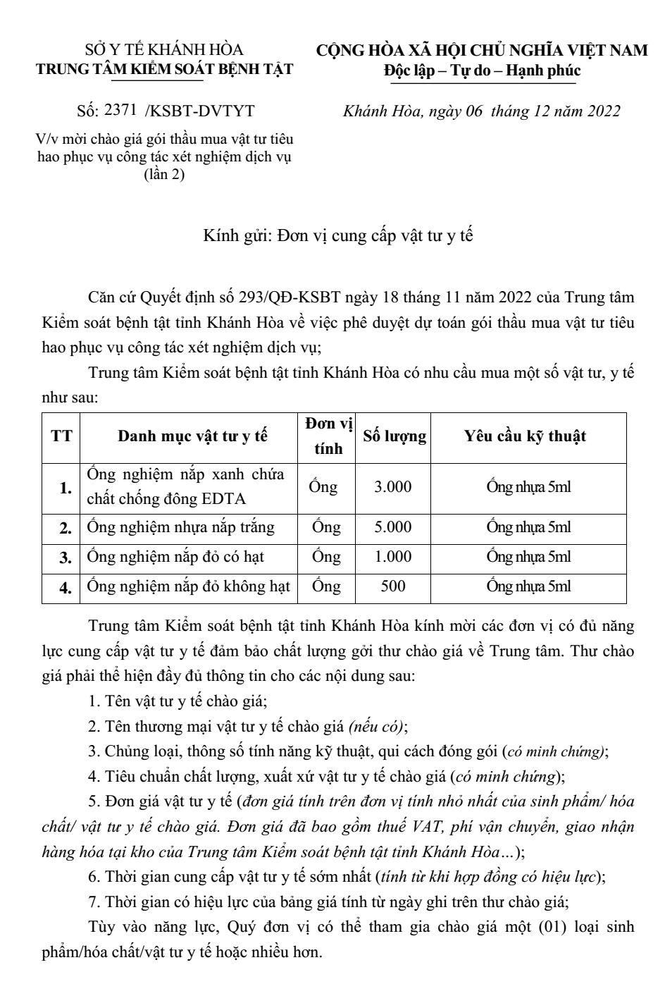 Mời chào giá gói thầu mua vật tư tiêu hao phục vụ công tác xét nghiệm dịch vụ (lần 2)